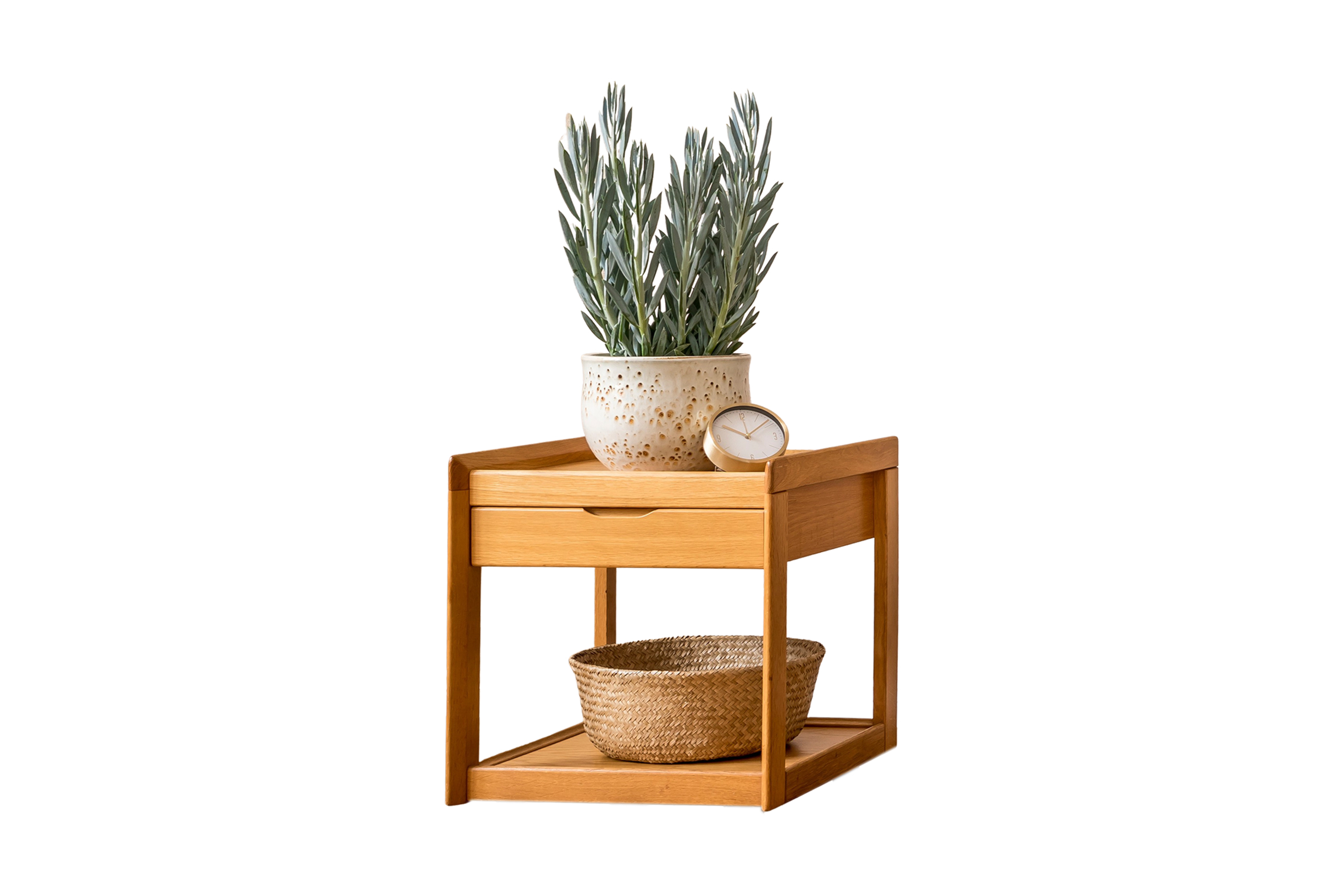 #366 Wooden side table with, woven basket, clock and white vase and plant isolated on a transparent background #366 Wooden side table with, woven basket, clock and white vase and plant isolated on a transparent background