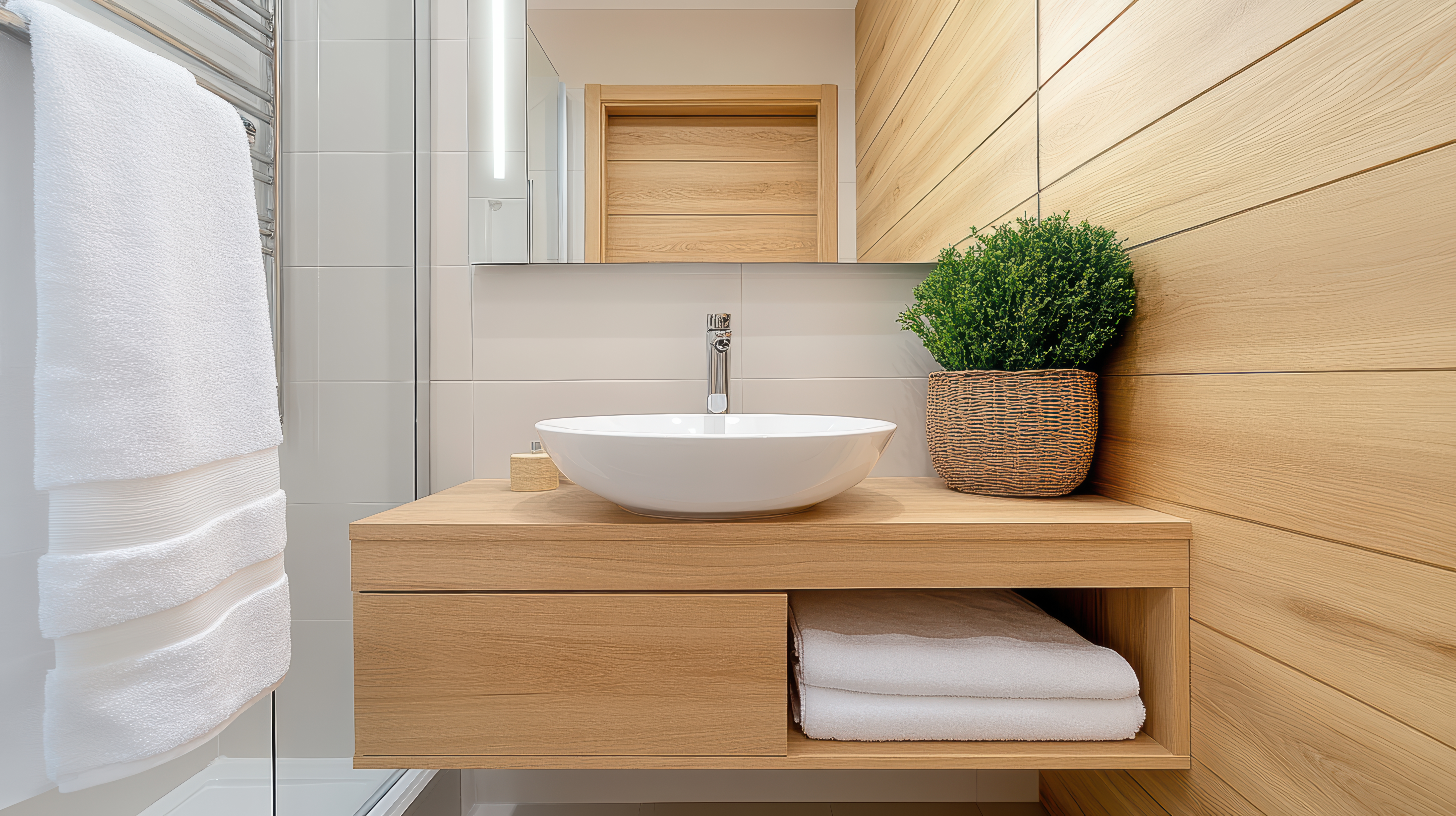 Minimal bathroom design with wooden accents, featuring sleek sink and hidden storage Minimal bathroom design with wooden accents, featuring sleek sink and hidden storage