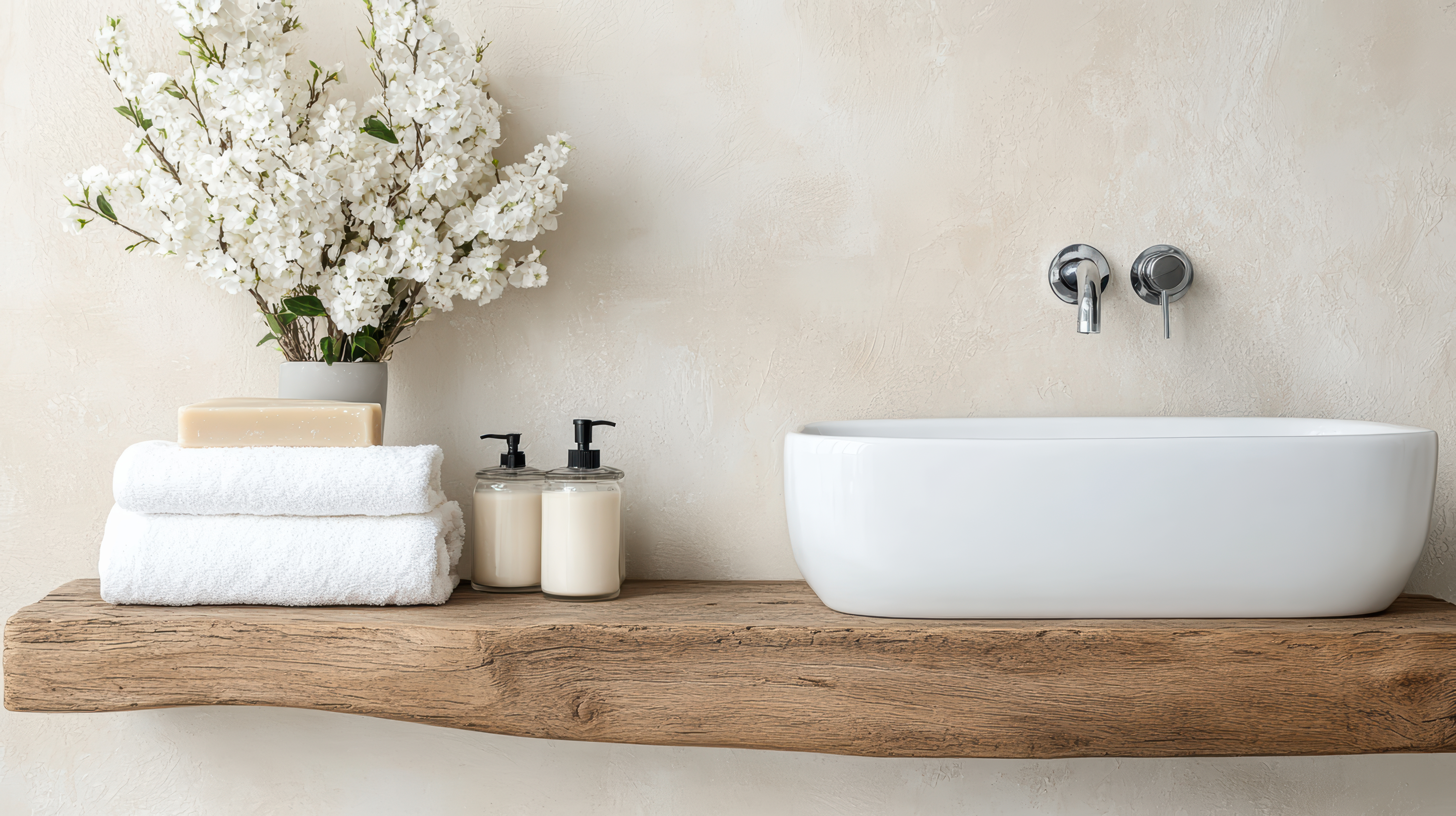 White towel stack spa bathroom with glass soap dispensers and floral arrangement White towel stack spa bathroom with glass soap dispensers and floral arrangement