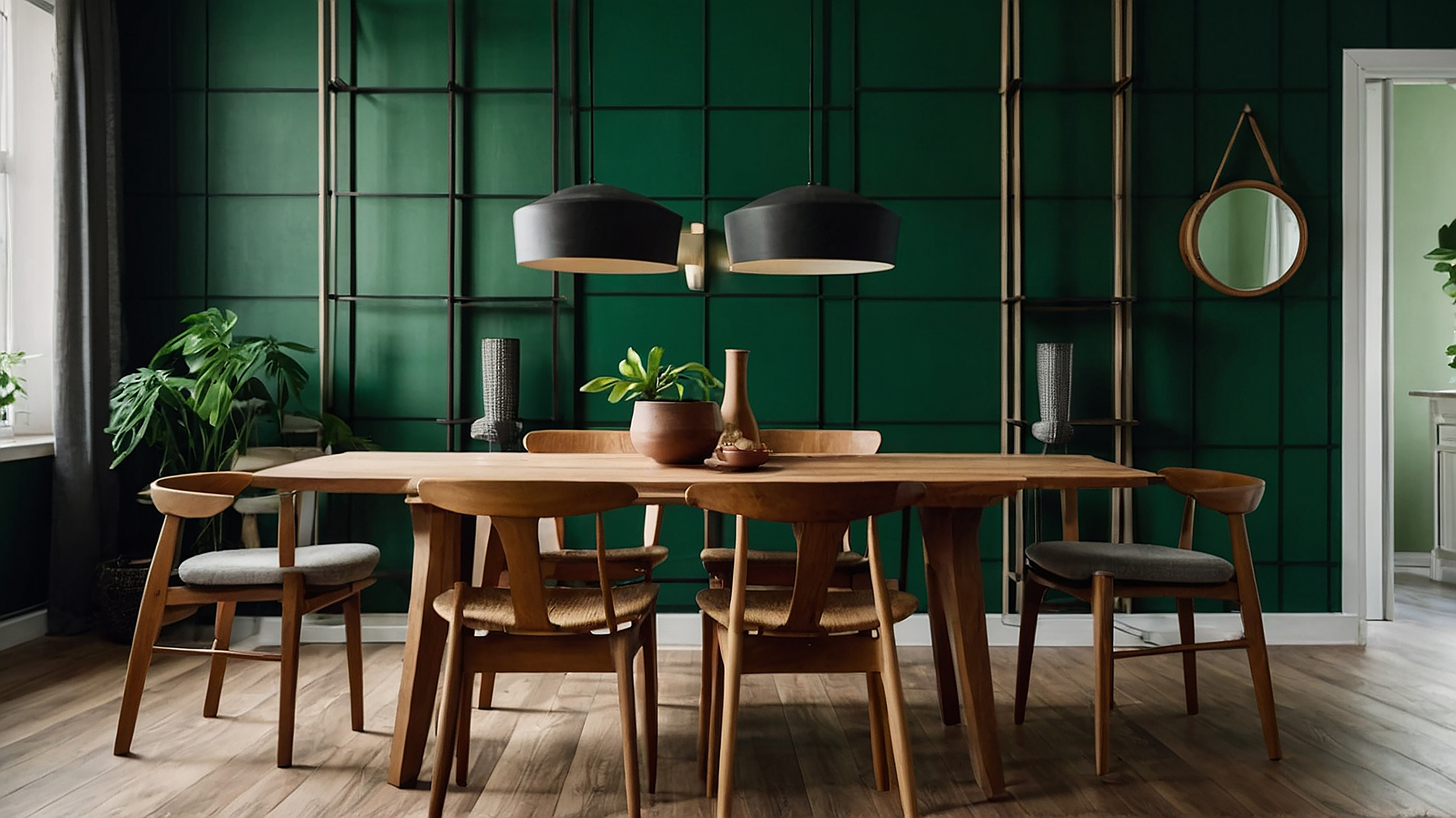 vecteezy_ai-generated-wooden-dining-table-and-chairs-against-green-wall_41468333