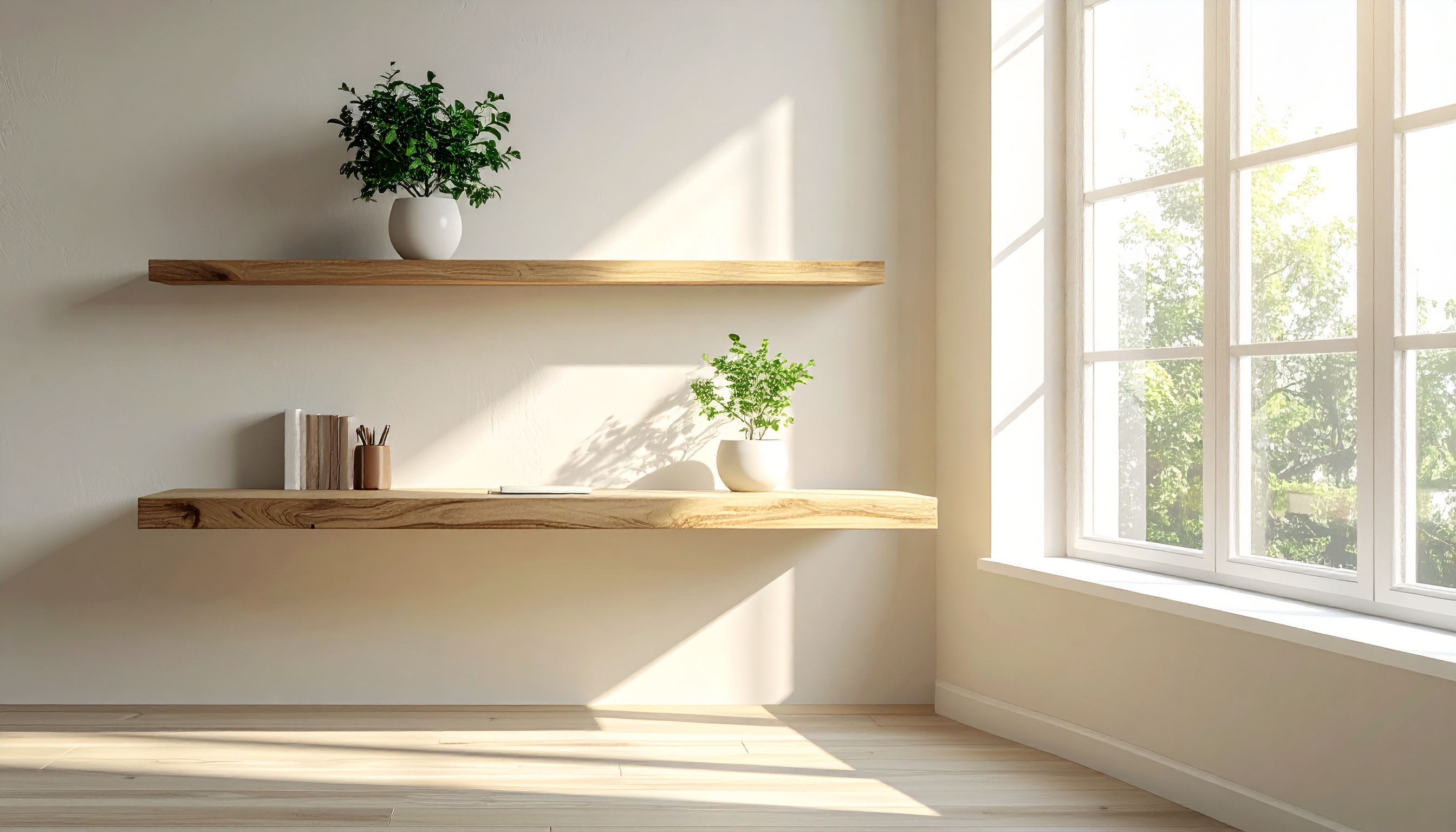 Bright Interior with Wooden Shelves, Green Plants, and Natural S Bright Interior with Wooden Shelves, Green Plants, and Natural S