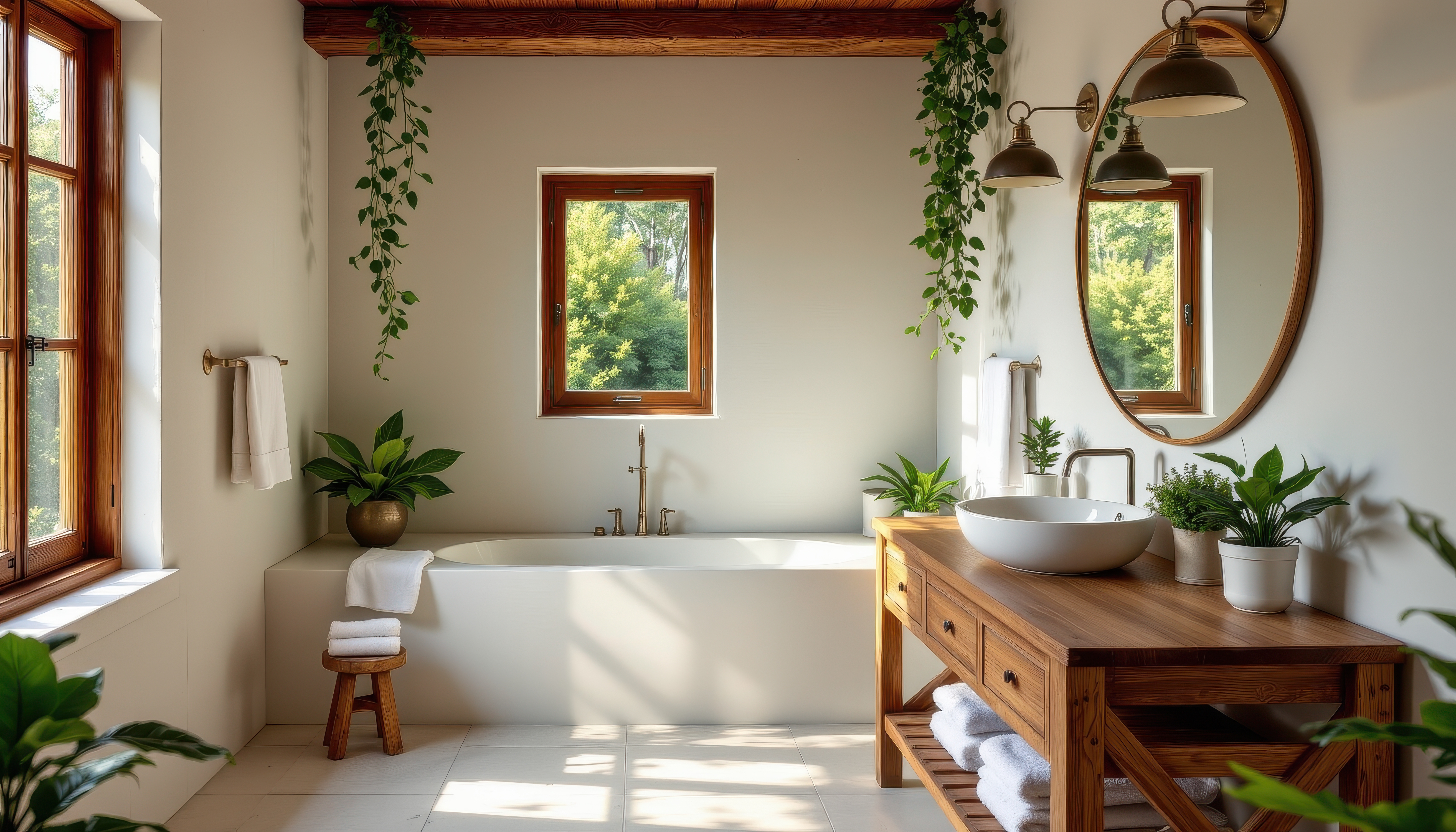 bright rustic bathroom with wooden vanity, leafy plants decorating edges, soft diffused sunlight creating calm mood. bright rustic bathroom with wooden vanity, leafy plants decorating edges, soft diffused sunlight creating calm mood, Generative AI