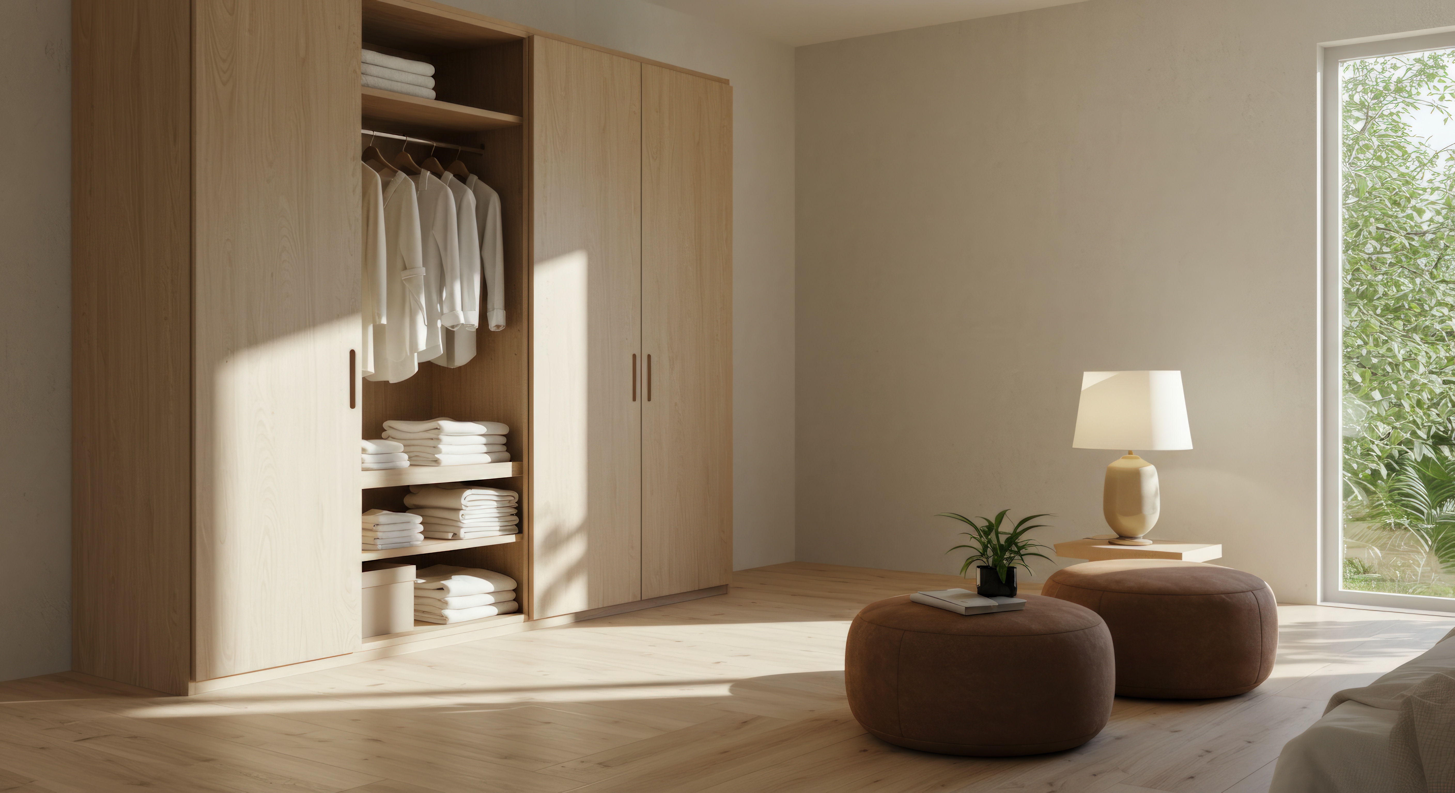 Minimalist bedroom interior with wardrobe storage and natural light An airy bedroom interior showcases minimalist design elements and functional storage. A light wood wardrobe stands against a neutral wall, its doors partially open to reveal neatly folded clothes and linens on shelves and hanging racks. Sunlight streams through a large window, illuminating the warm-toned wooden floor and two ottoman seats. A small lamp sits on a side table, adding to the cozy ambiance. This image is suitable for illustrating interior design concepts, home organization, or comfortable living spaces.