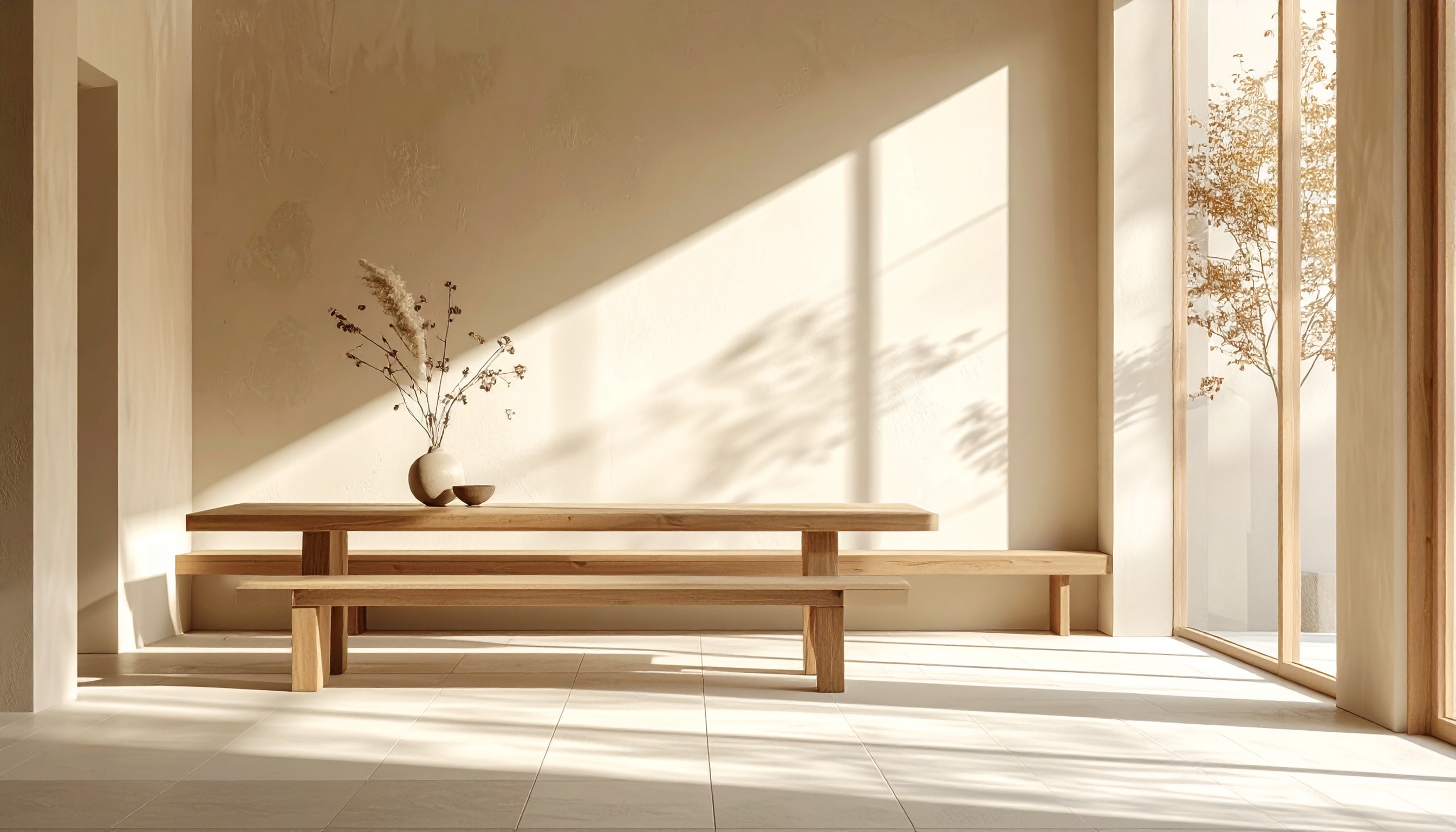 Minimalist Dining Room with Wooden Table and Natural Light, Sere Minimalist Dining Room with Wooden Table and Natural Light, Sere