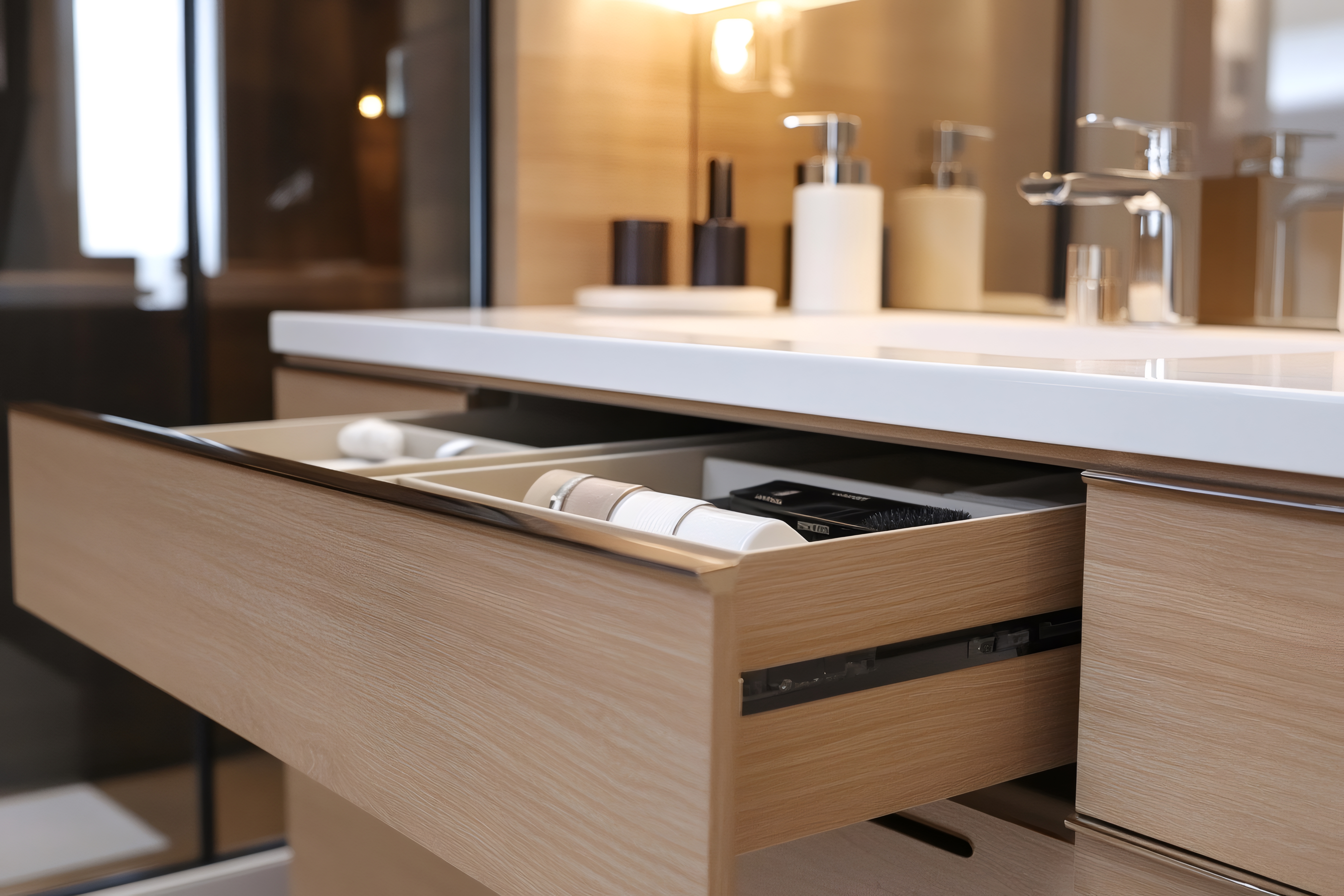 Modern bathroom drawer with open storage display Open bathroom drawer showcasing organized toiletries and sleek design