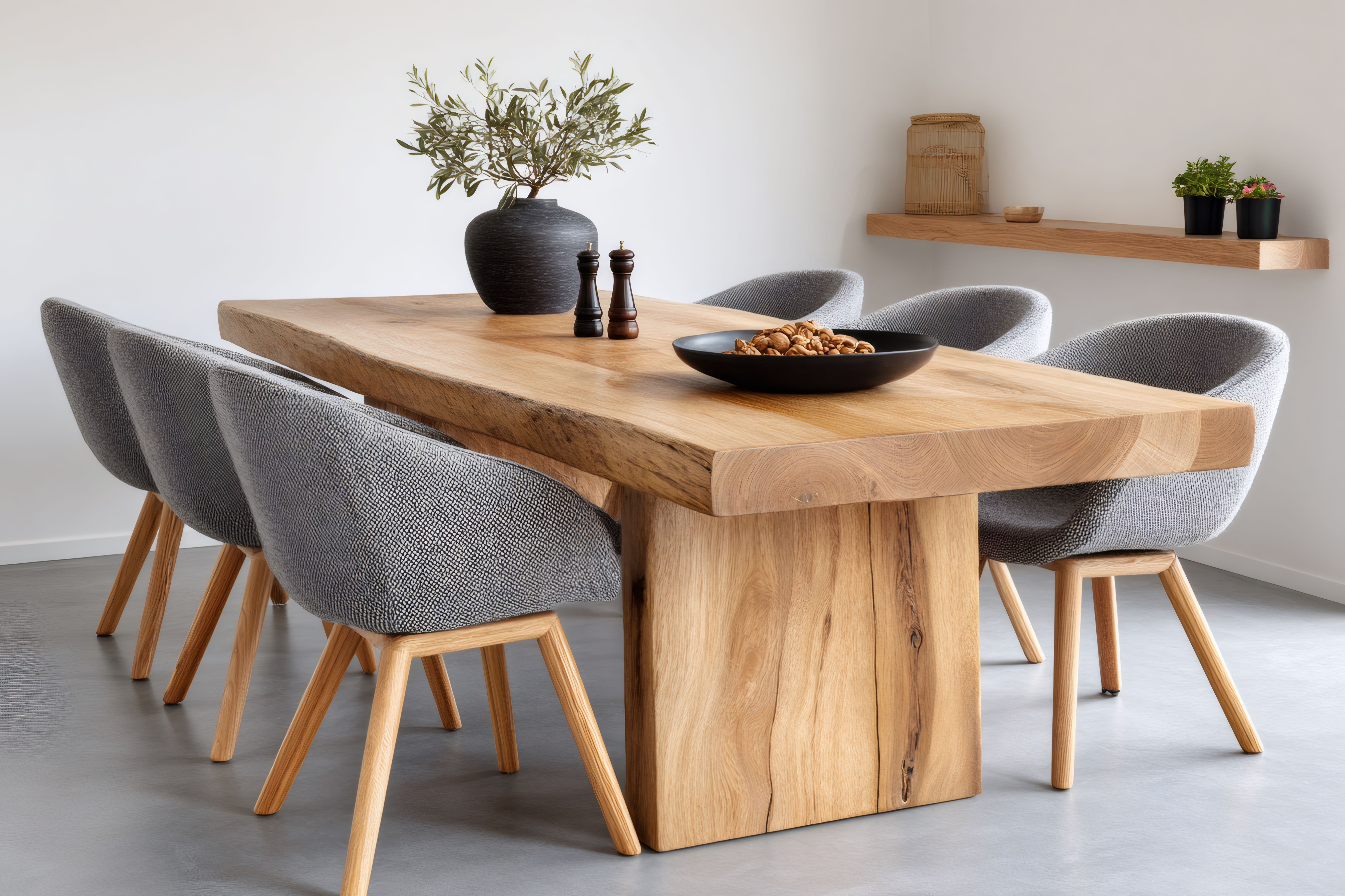 Modern dining room interior featuring a rustic wooden table Dining room with live edge table, grey fabric chairs, and minimalist wall decor