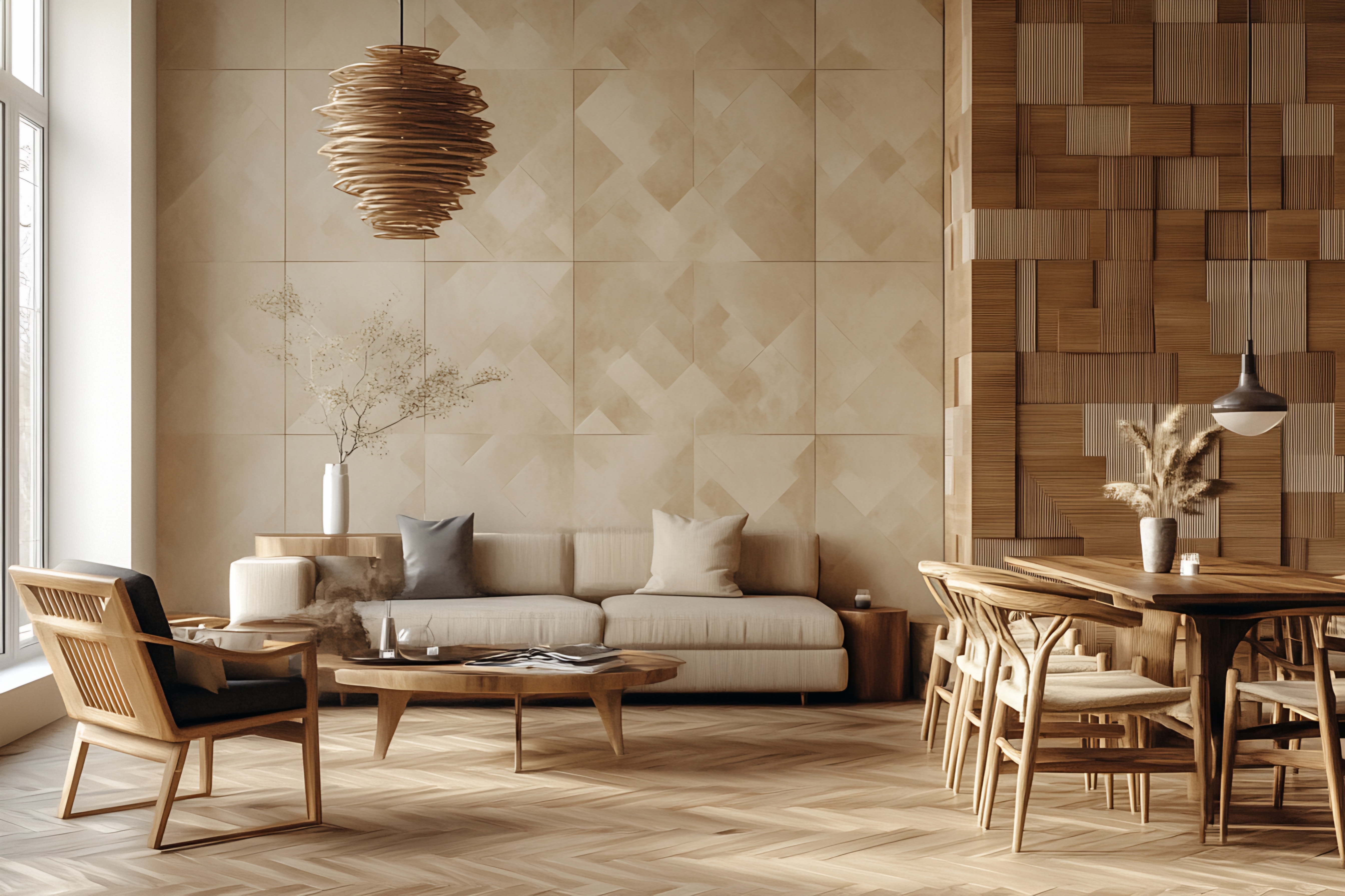 Modern Living Room Interior Design with Beige Tile and Wood Accents Modern living room with beige wall tiles, wood-paneled accent wall, light beige sofa, wooden coffee table, wooden dining table and chairs, and a woven pendant light. Natural light streams from a large window.