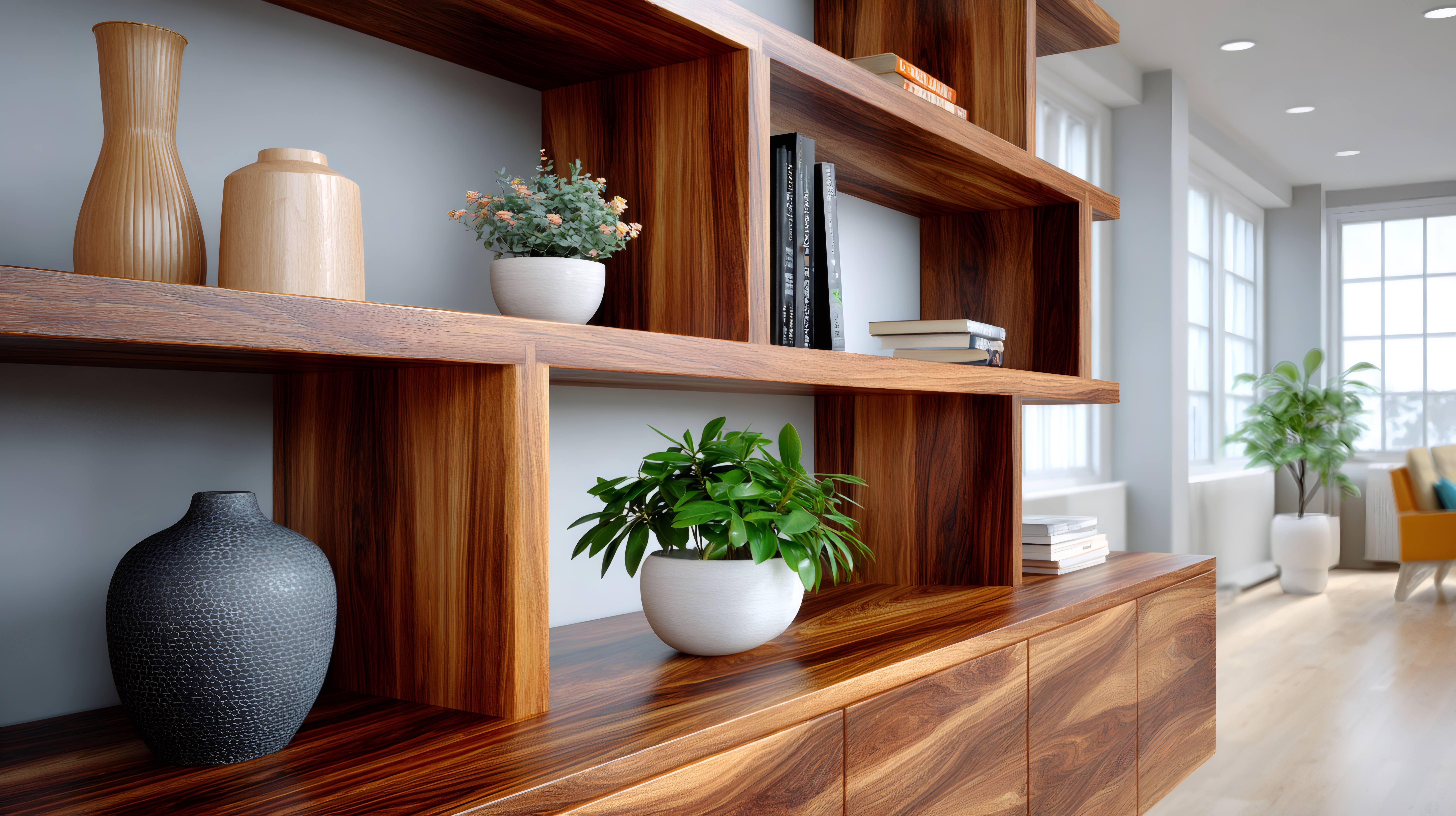 Modern minimalist wooden bookshelf displaying plants books vases Modern wooden bookshelf with decorative plants and vases creating a stylish interior