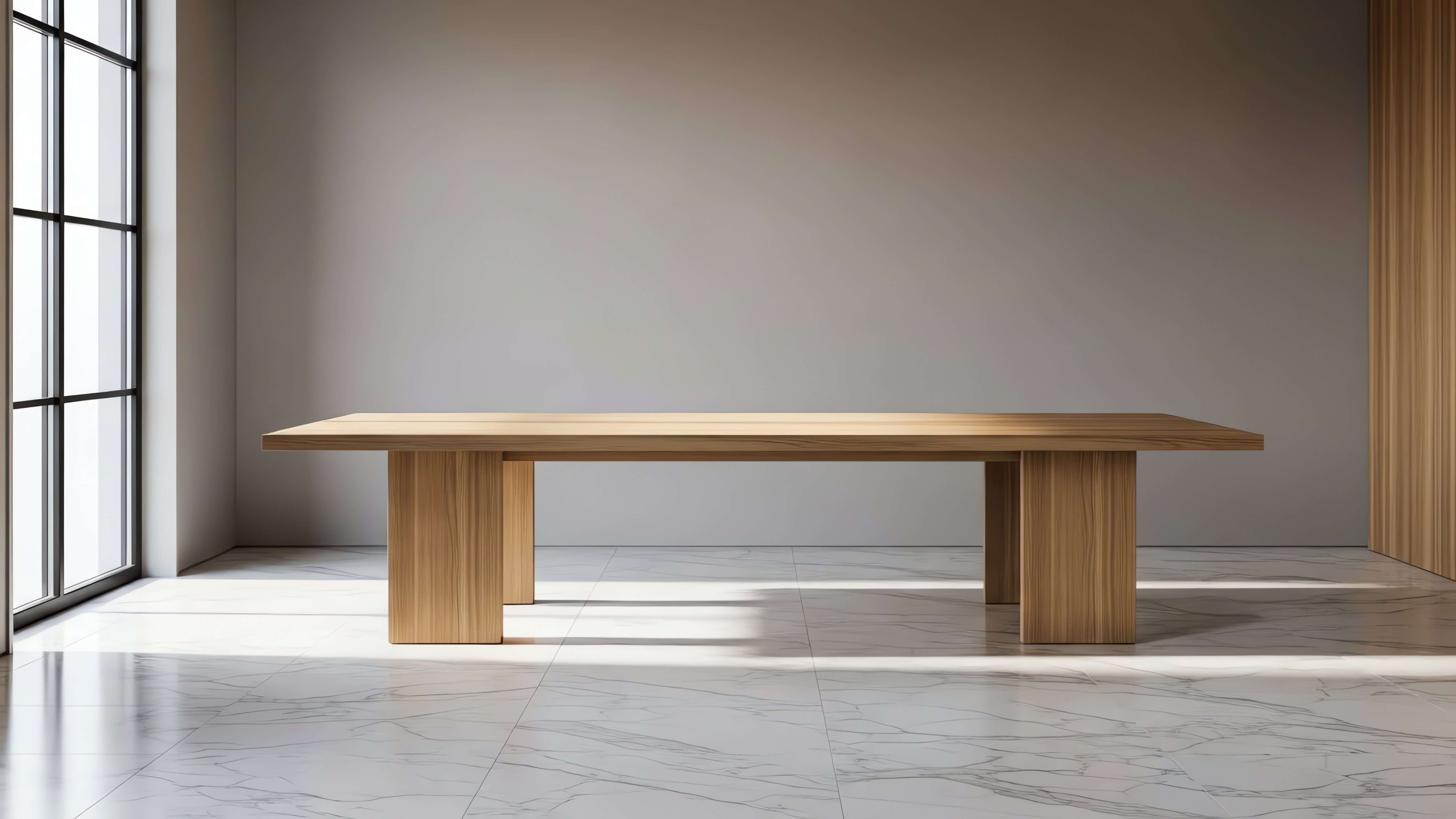 Modern Wooden Dining Table in Bright Room. A long, modern wooden dining table stands in a bright, minimalist room with large windows and soft light.