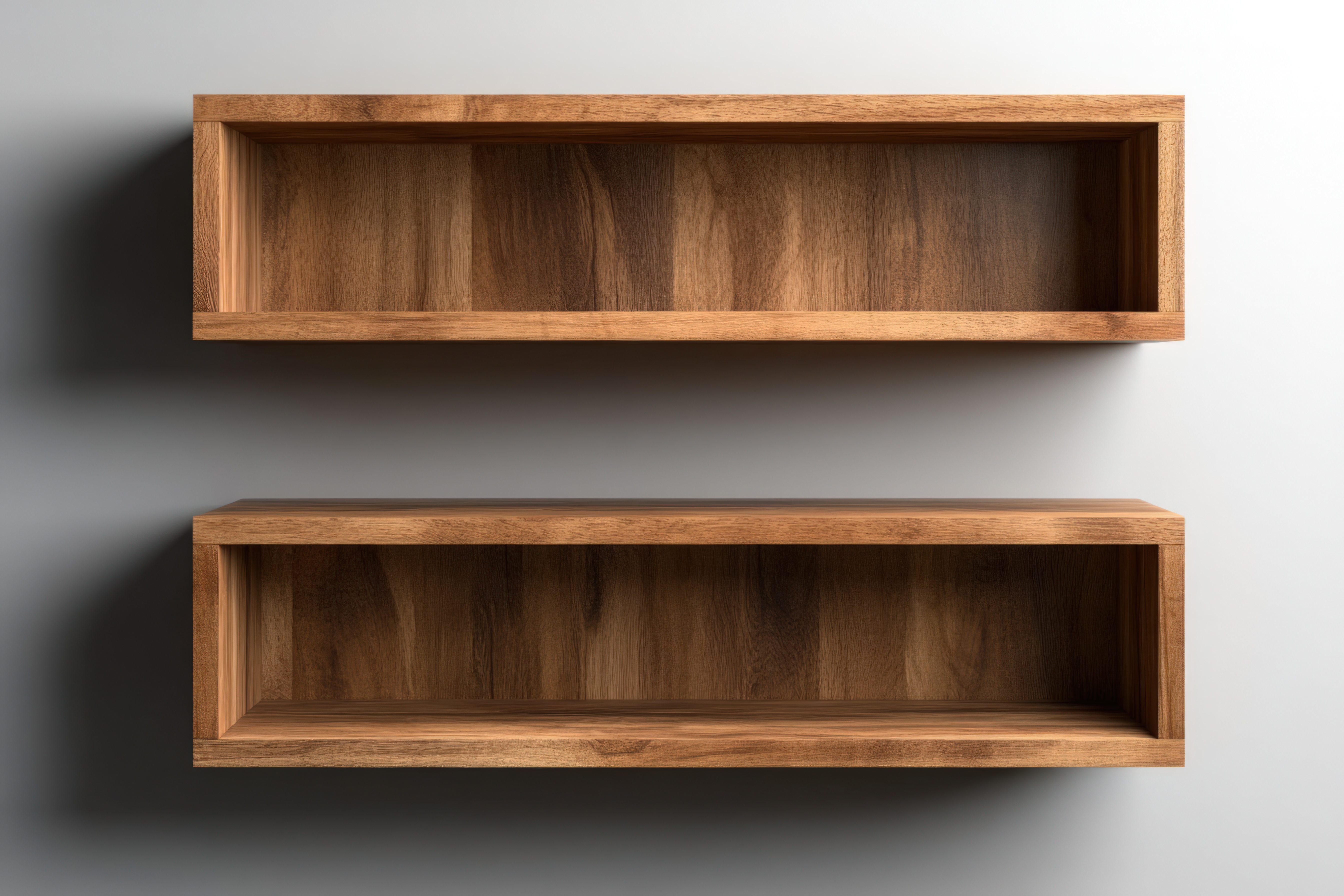 Modern Wooden Shelves: Minimalist Home Decor Two empty wooden shelves mounted on a gray wall. Modern and minimalist design.
