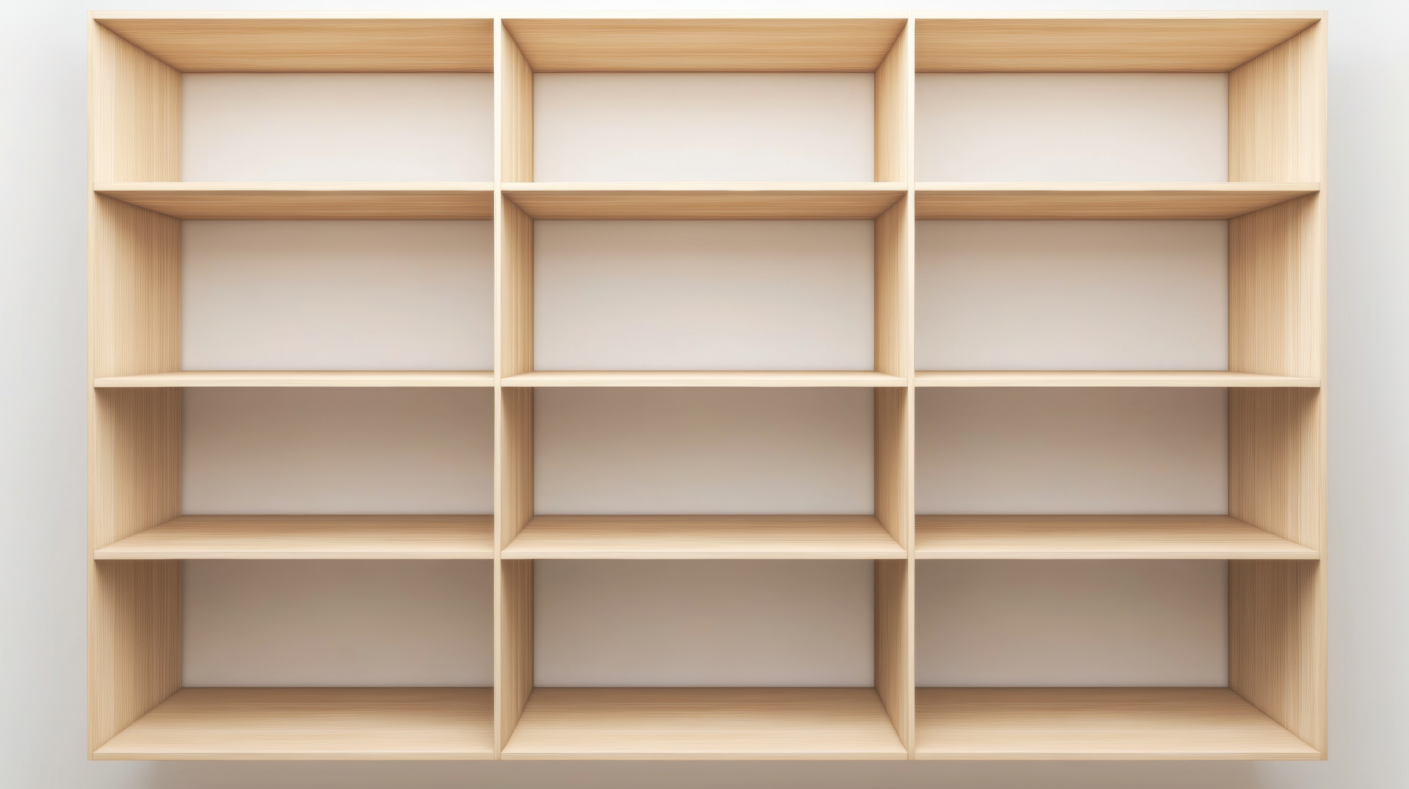 Modern wooden shelving unit with twelve compartments for organization and storage in a minimalist setting A wooden shelving unit features twelve empty compartments arranged in a grid pattern. The design is minimalist, emphasizing simplicity and functionality for organizing various items.