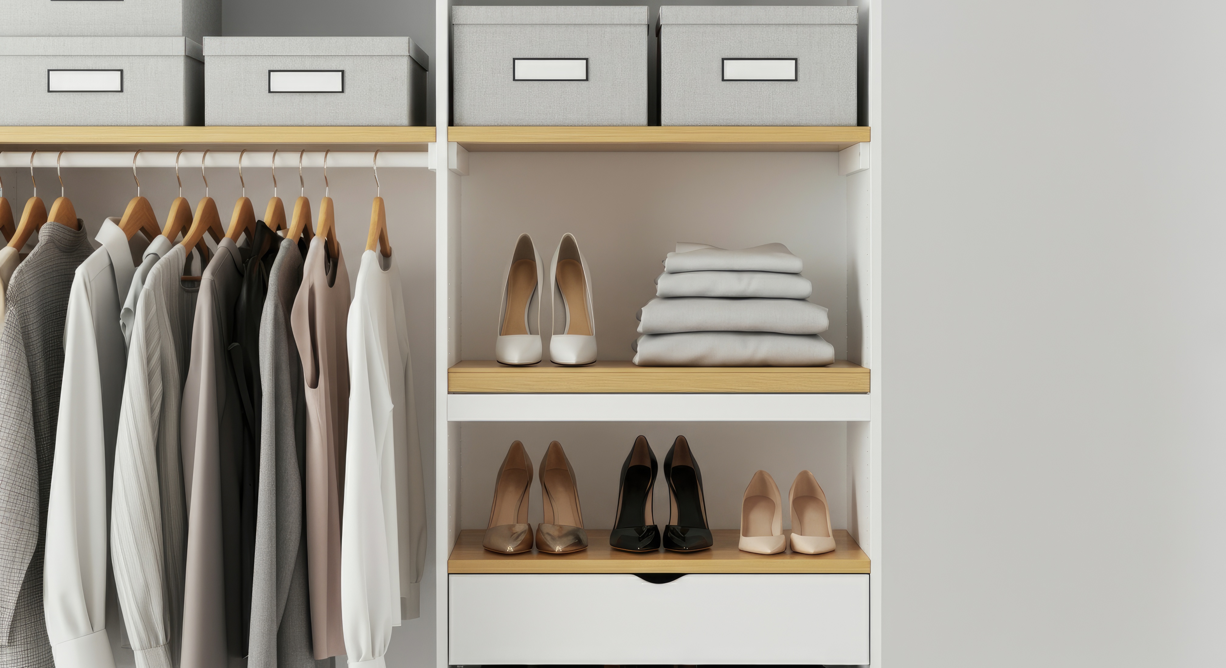 Neatly organized closet with clothes, shoes, and storage boxes on shelves hangers Neatly organized closet with clothes, shoes, and storage boxes on shelves hangers