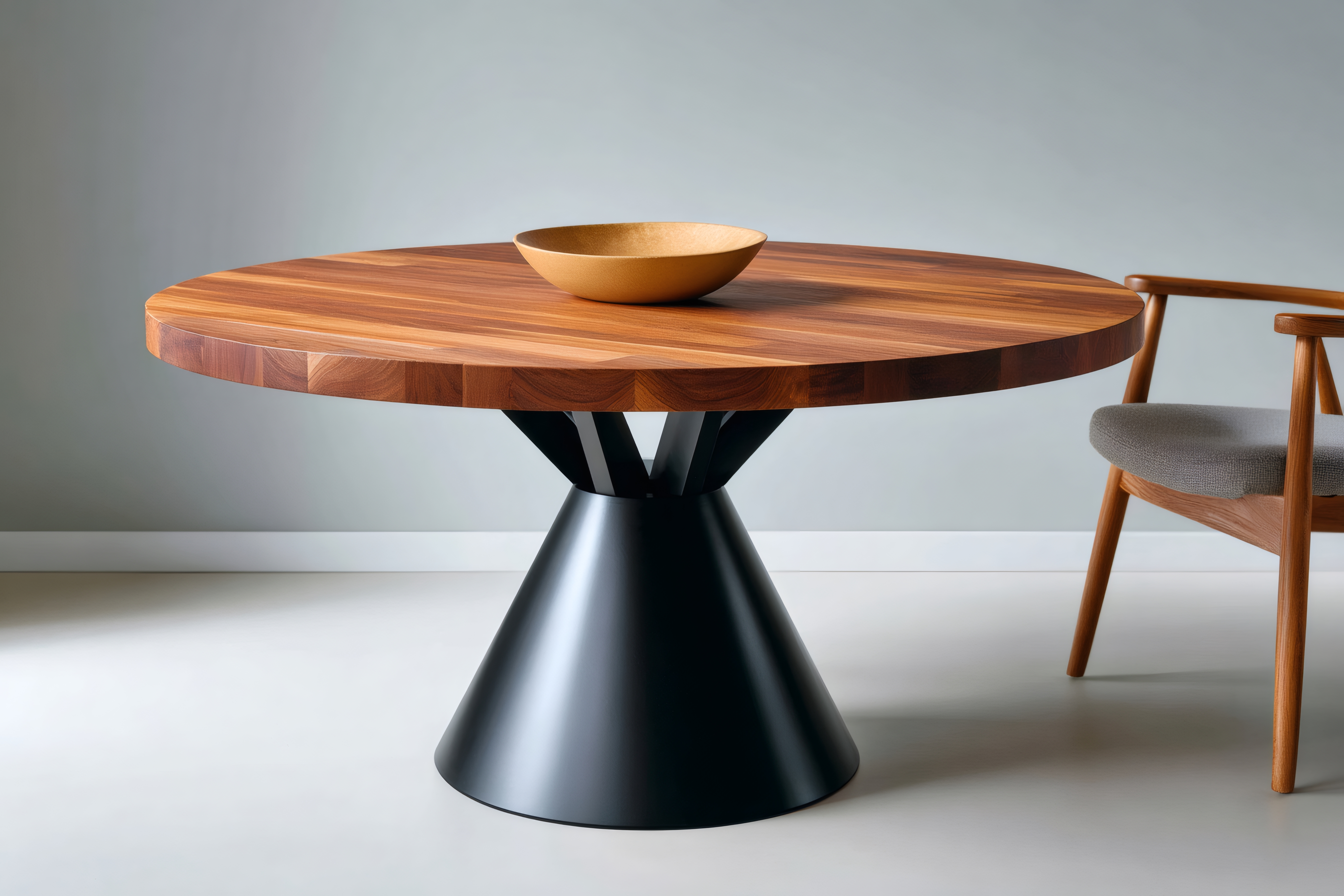 Round wooden wooden dining table black conical base Wooden dining table featuring a modern black conical base and a bowl