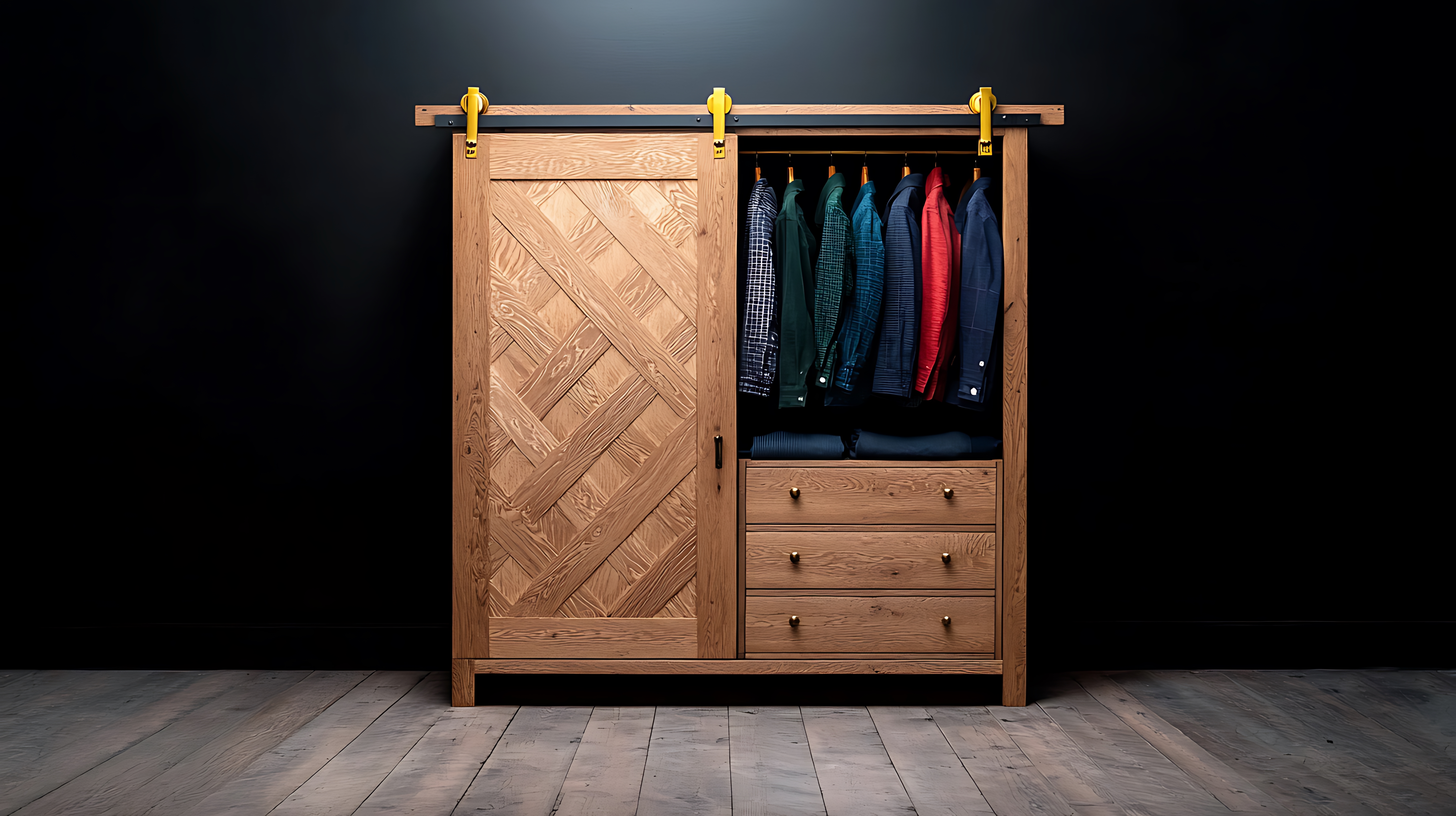Stylish wooden wardrobe with sliding door displaying neatly arranged clothing in a modern setting Stylish wooden wardrobe with sliding door displaying neatly arranged clothing in a modern setting
