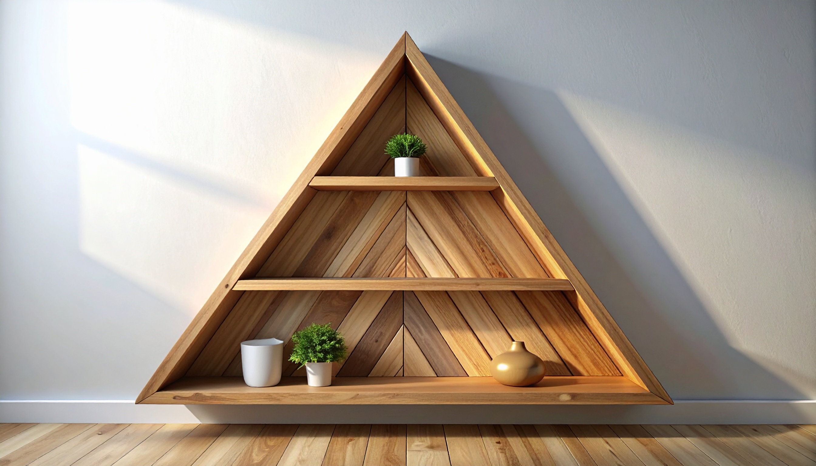 Triangular Wooden Shelf with Plants and Vase Against a White Wal Triangular Wooden Shelf with Plants and Vase Against a White Wal