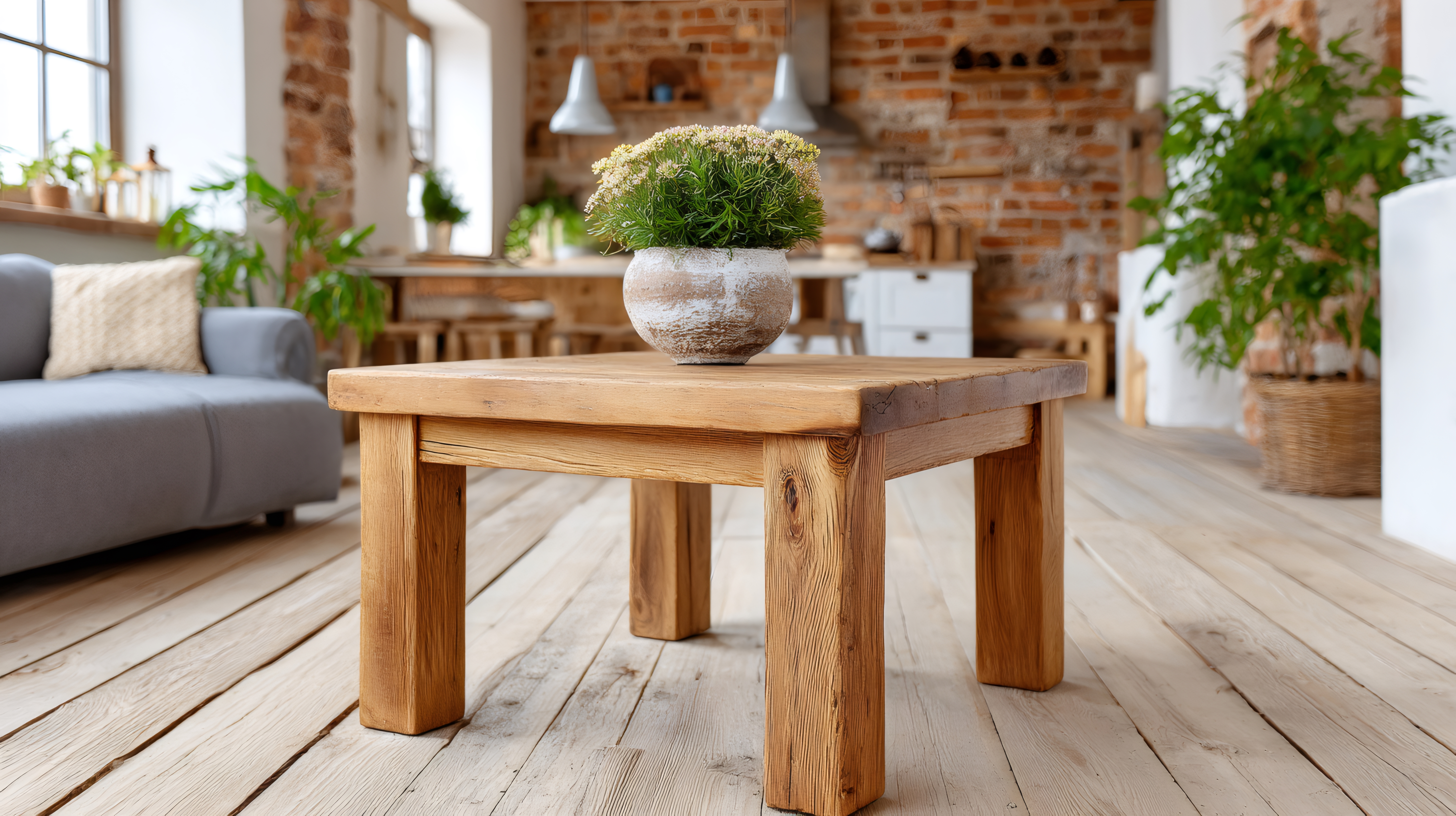 Wooden coffee table with plant in rustic living room Wooden coffee table with a plant pot bringing natural elements to a cozy living space